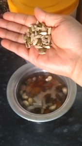 Soaked dry fruits and seeds including almonds, cashews, raisins, dates and mixed seeds for Sehri drink