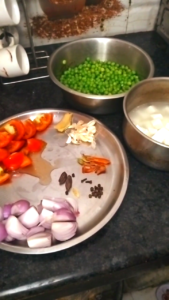 Preparing ingredients for Dhaba Style Matar Paneer Recipe